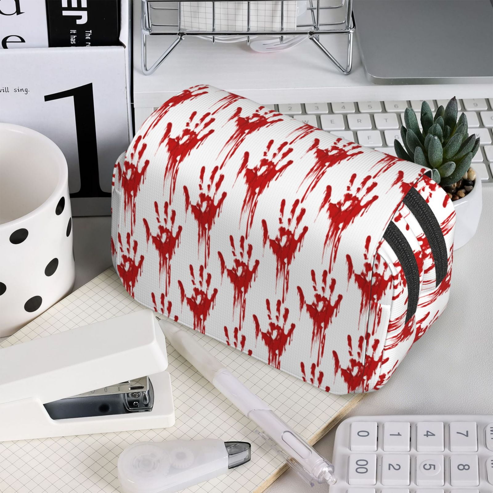 Rateoe Red Bloody Scary Hands Pattern Double Clamshell Pen Case, Storage Organizer with Two Zipper Compartments– Holds Up to 50 Pencils & Pens
