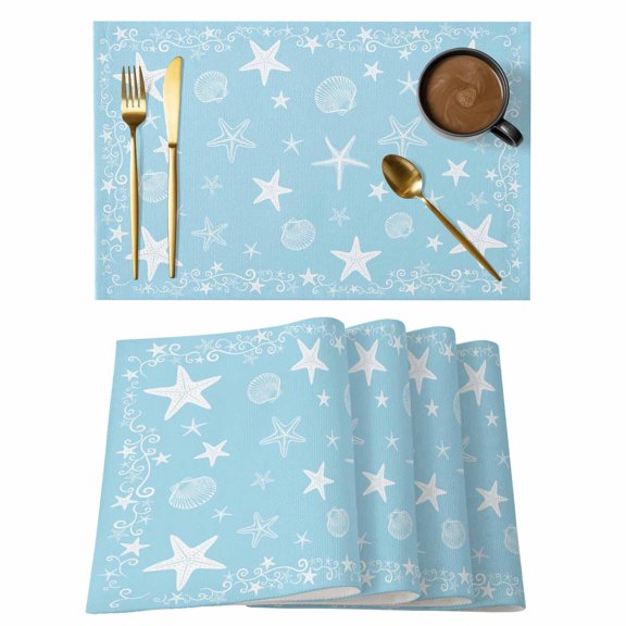 Sky Blue Coastal Placemats Set of 4 Summer Beach Starfish Shell Nautical Place Mats Indoor Wipeable Table Mats Washable Cloth Dining Table Placemats for Kitchen Holiday Party Home Decor 13x19 Inch