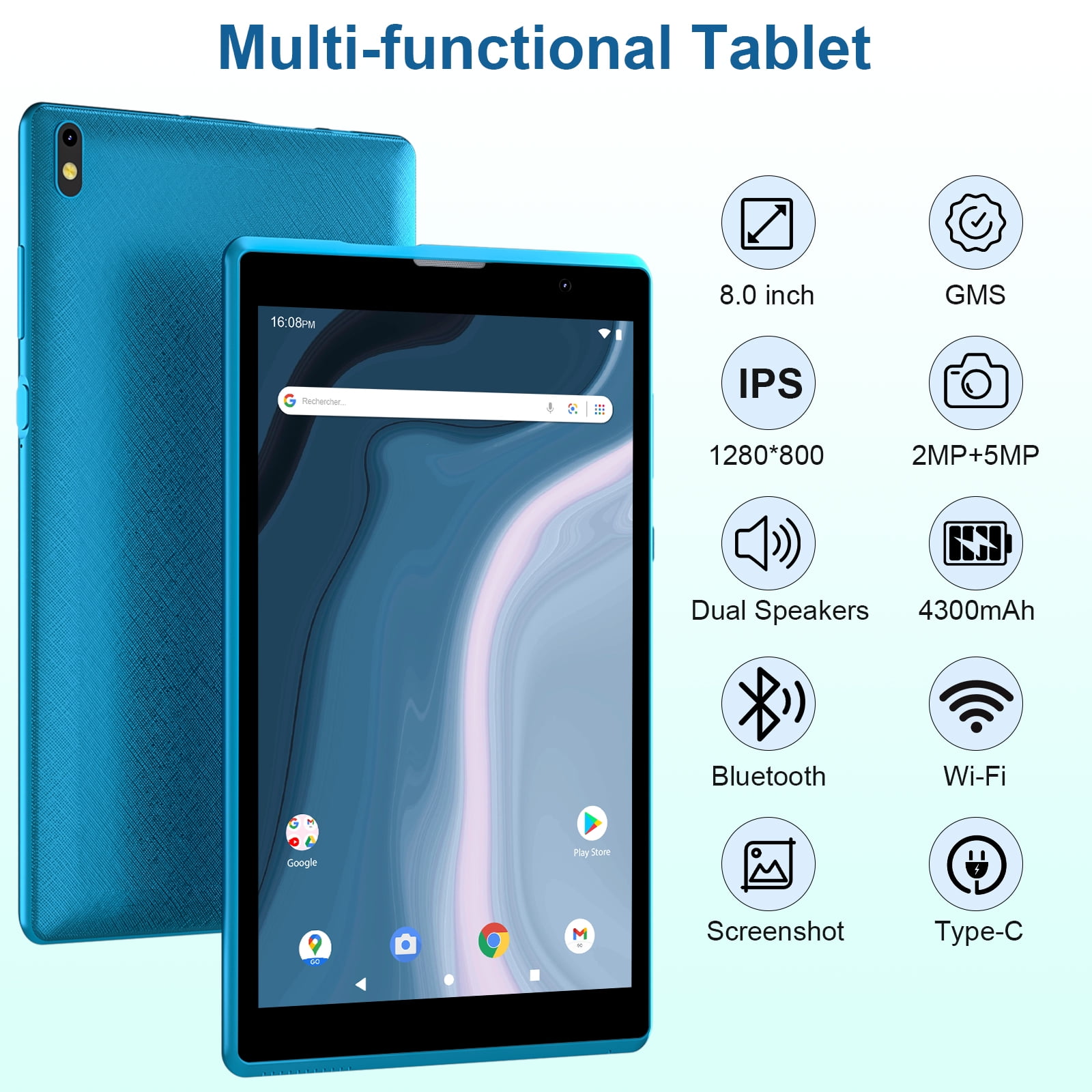 Android Tablet 8 inch, Android 12 Tablet, 4GB RAM 32GB ROM, Quad-Core Processor, Dual Camera, WiFi, 1TB Expand, Game