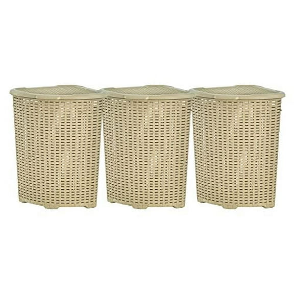 Superio 50L Wicker Plastic Corner Laundry Hamper with Lid - Beige (3 Pack)