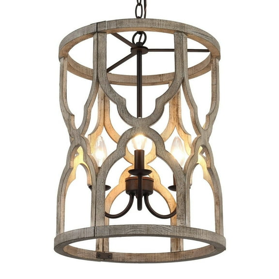LNC 3-Light Distressed Grayish Wood and Rustic Bronze Cylinder Farmhouse Chandelier