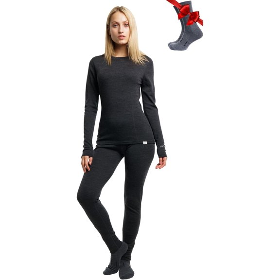 Merino.tech Women’s 100% Merino Wool Lightweight Base Layer Top and Bottom 𝗕𝘂𝗻𝗱𝗹𝗲 with Hiking Socks and Beanie