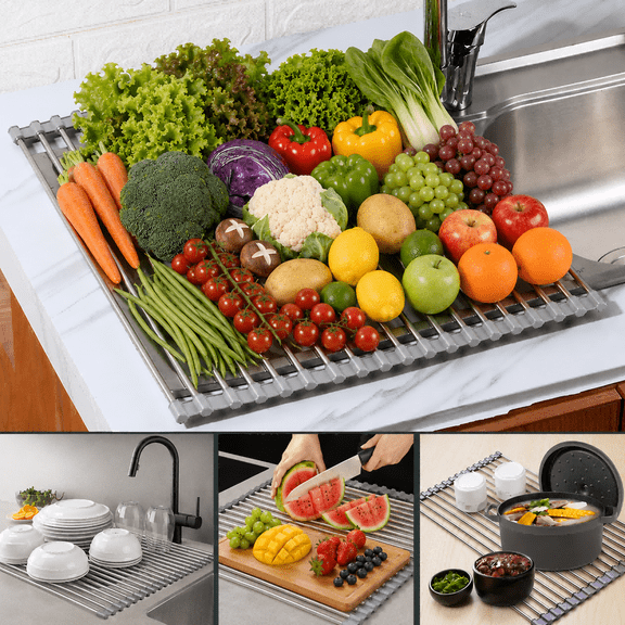 Roll Up Over The Sink Dish Drying Rack, 18.7''x13.77'' Foldable Stainless Steel Multipurpose Kitchen Drainer Storage Organizer Holder