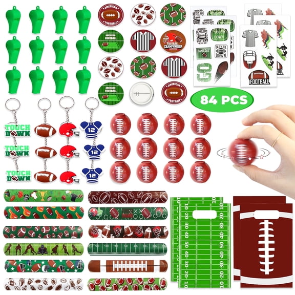 Happy Greetings Football Party Favors 84 Pcs Slap Bracelet Keychain Stickers Spinner Ball Treat Bag Whistle for Kids Football Birthday Supply