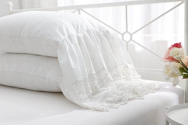 Ivory White Crocheted Lace Pillow Shams with Long Ruffles Cotton Standard Twin Size Pillowcases 26"X20" 2-Pack