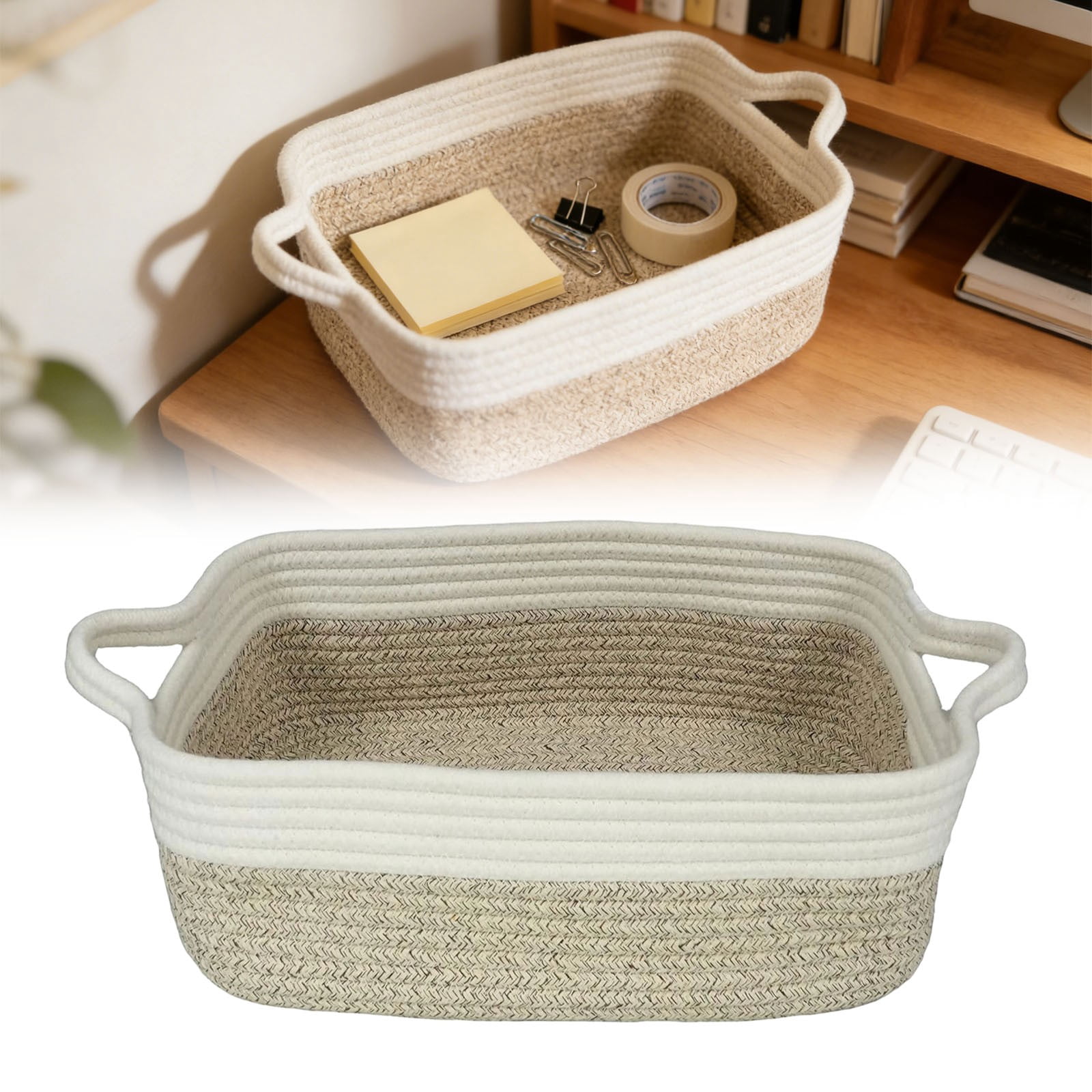 RUIKI 1Pc Khaki rope basket, black storage bin, rectangular storage basket with handles, for toy, gift, storage