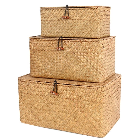 Shelf Baskets with Lid Set of 3 Handwoven Seagrass Storage Box Wicker Basket Desktop Makeup Organizer Multipurpose Container (Original (S/M/L)