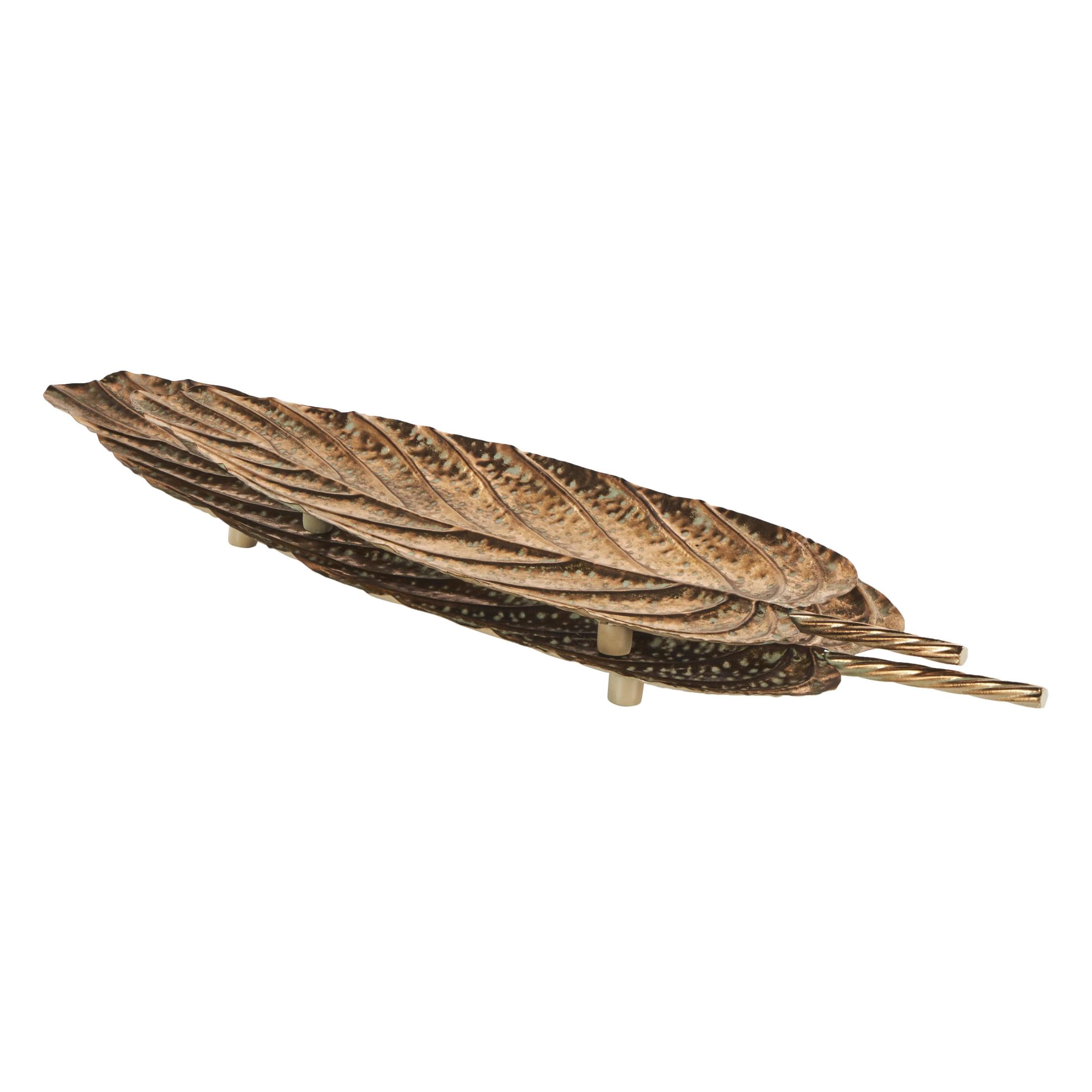 DecMode 36", 29"W Copper Metal Textured Leaf Tray with Patina Accents and Elevated Feet, 2-Pieces