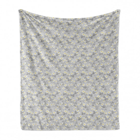 Floral Soft Flannel Fleece Throw Blanket, Daisies View with Leaves in Greyscale Chamomiles Design, Cozy Plush for Indoor and Outdoor Use, 50" x 60", Pale Grey Yellow, by Ambesonne