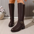 thumbnail image 7 of J-490 Brown Knee High Boots Ladies Pu Round Toe Belt Buckle Side Zipper Low Heel Casual Solid, 7 of 7