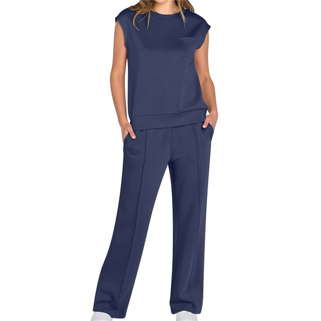 Traje Informal de Dos Piezas para Mujer, Cuello Alto, Pantalones Anchos, Ideal para Vacaciones y Viajes Azul Oscuro XL