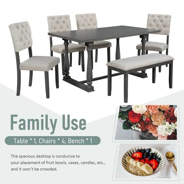 6 Piece Dining Table Set Dining Room Set with Rectangular Dining Table Upholstered Bench 4 Upholstered Chairs Special Shaped Legs Foam Covered