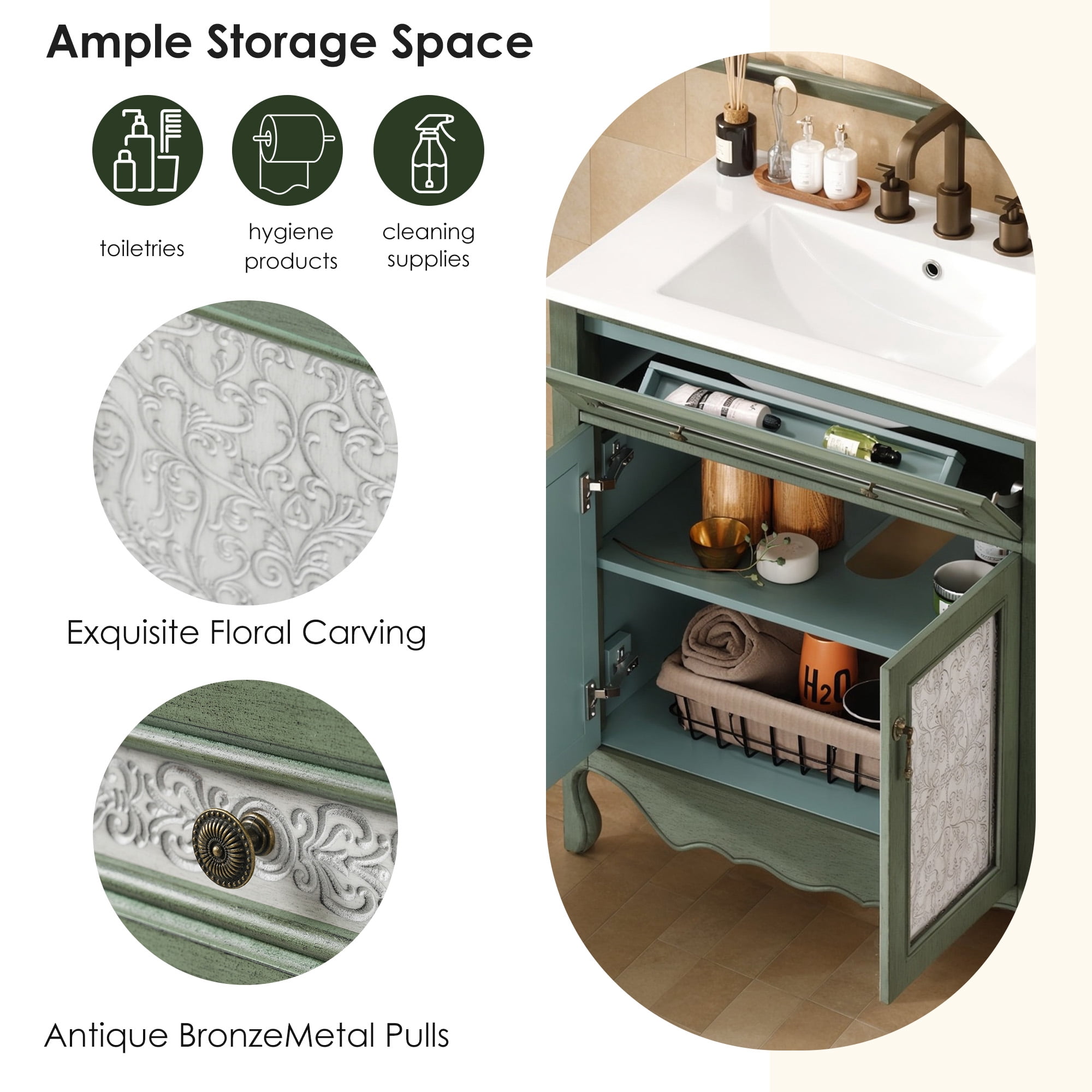 SogesPower 30" Antique Pattern Bathroom Vanity with Ceramic Sink, Solid Wood Bathroom Makeup Cabinet with Tip-Out Tray / Flip-Out Drawer, FreeStanding Single Basin Vanity Set, Antique Green + Blue