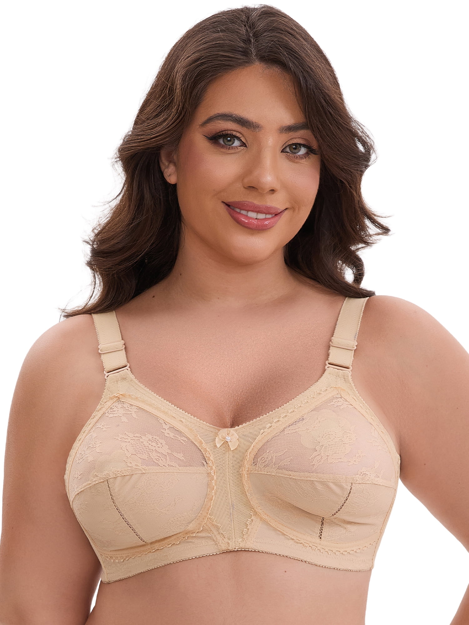 DARING DIVA Women's V-Neck Full Cup Wireless Bralette Lace Mesh 44D Beige