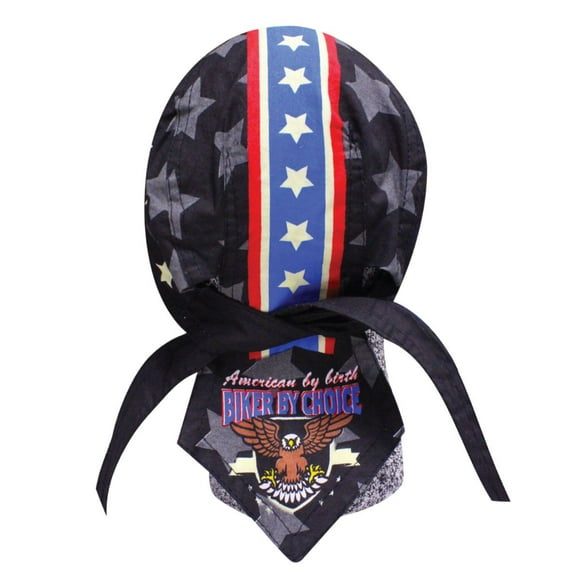 Biker By Choice Motorcycle Doo Rag Skull Cap Stars and Stripes Red White Blue Knievel Pattern Head Wrap