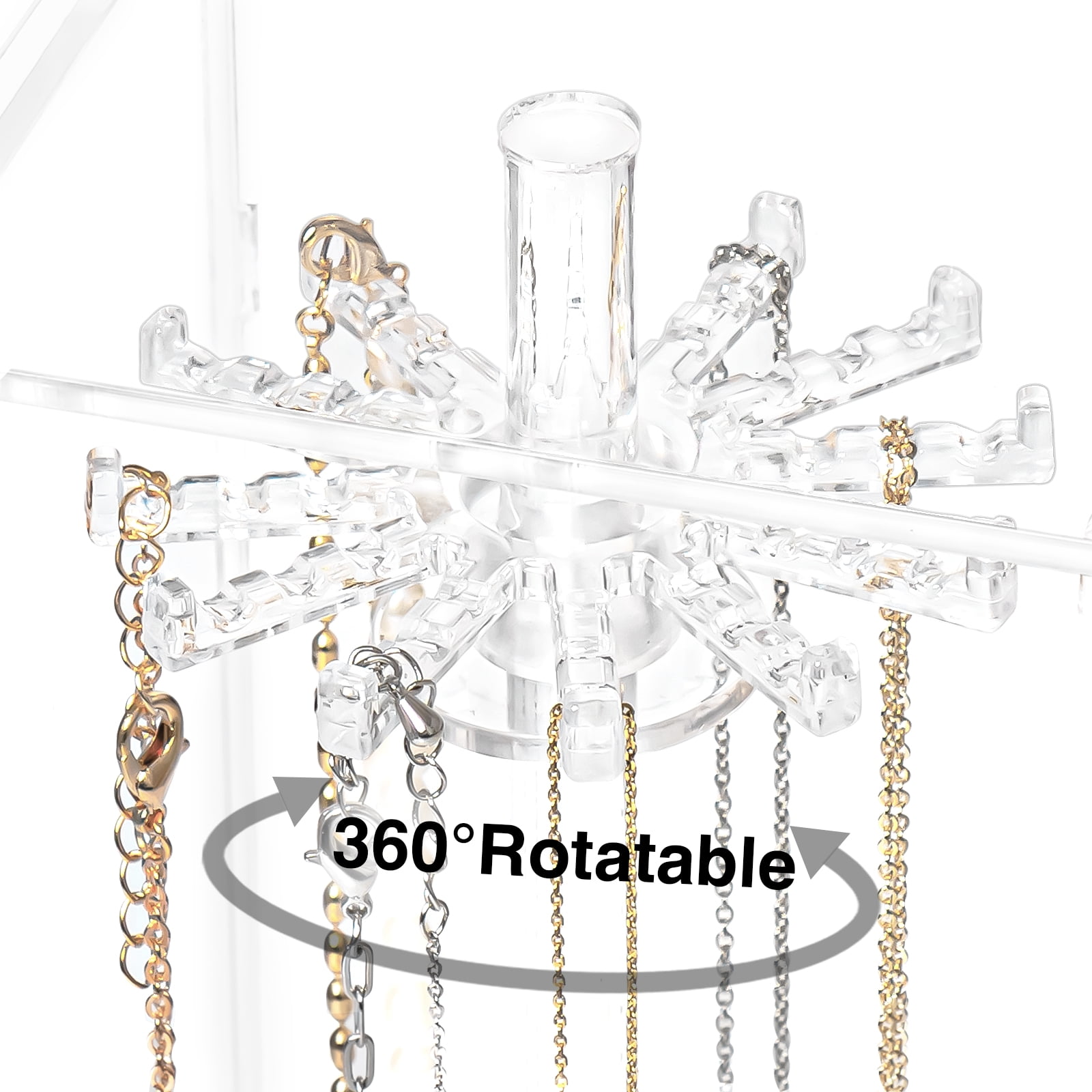 Haturi Necklace Holder, Acrylic Jewelry Organizer with 24 Hooks, Rotation Clear Necklaces Pendant Display Case Stand, Dust-proof Velvet Tray Hanging Rack Storage for Earrings Rings