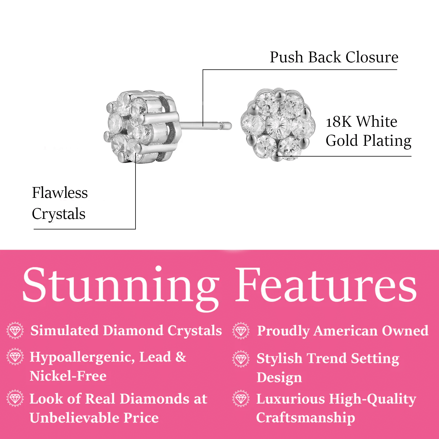 Cate & Chloe Nova 18k White Gold Plated Cluster Stud Earrings with Simulated Diamonds Crystals for Women