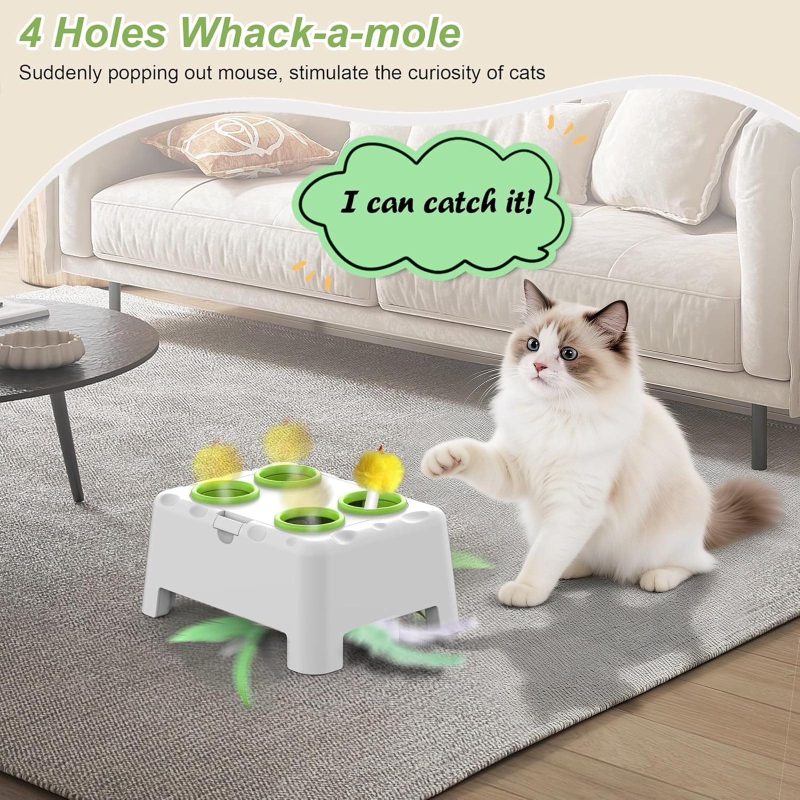 Cat Toys, Interactive Cat Toys, 2-in-1 Automatic Cat Toy, 4 Holes Mice Whack A Mole Cat Mouse Toy with Moving Feather, Portable USB Rechargeable Electronic Kitten Toys，Green