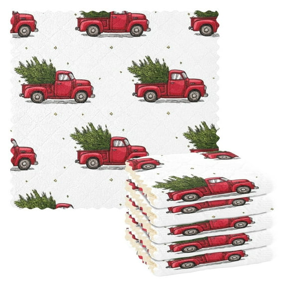 6PCS Dish Towels and Dish Cloths Reuseable Dishcloths Sets for Washing Dishes, Cooking, Baking Size 11" x 11" Truck Carrying Tree Pattern
