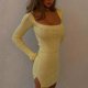 thumbnail image 2 of Temperament Women Knit Dress Lace-Up Long Sleeve Square Neck Slim Slit Dress, 2 of 6