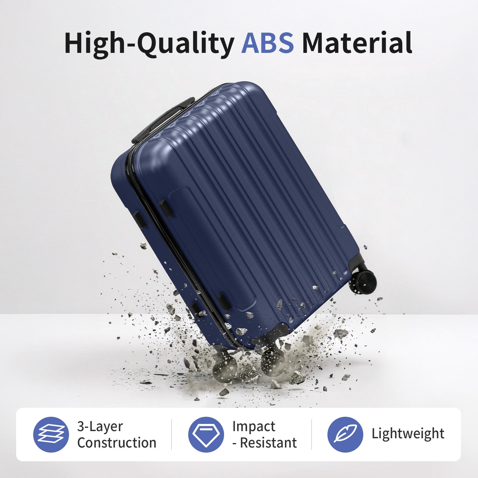 20in 24in 28in 3PCS Suitcase Set Vertical Striped Frosted Case ABS Trolley Case, Navy Blue