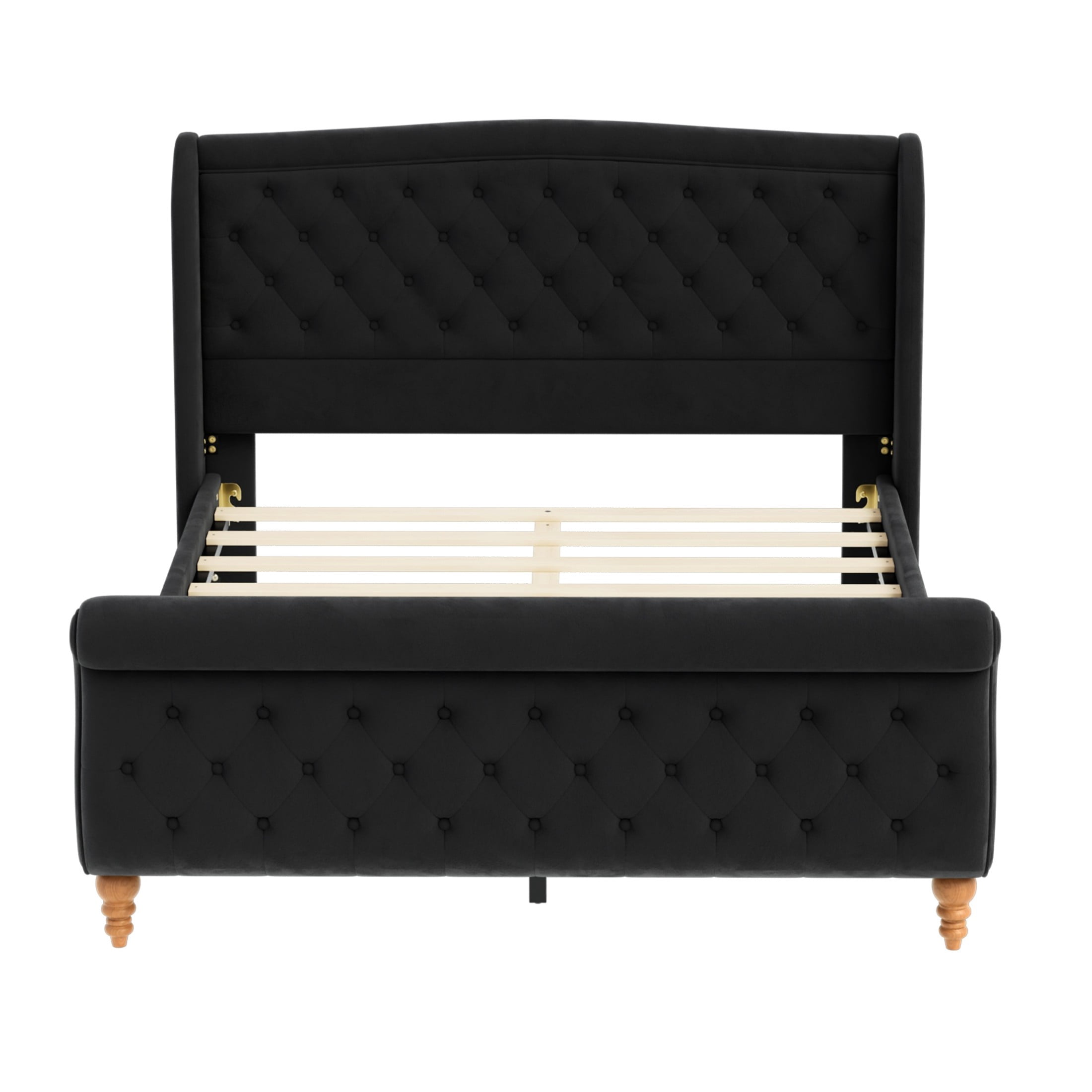 GDF Studio Orlan Queen Size Velvet Upholstered Sleigh Platform Bed Frame with Wood Slat Support, Modern Design, Black
