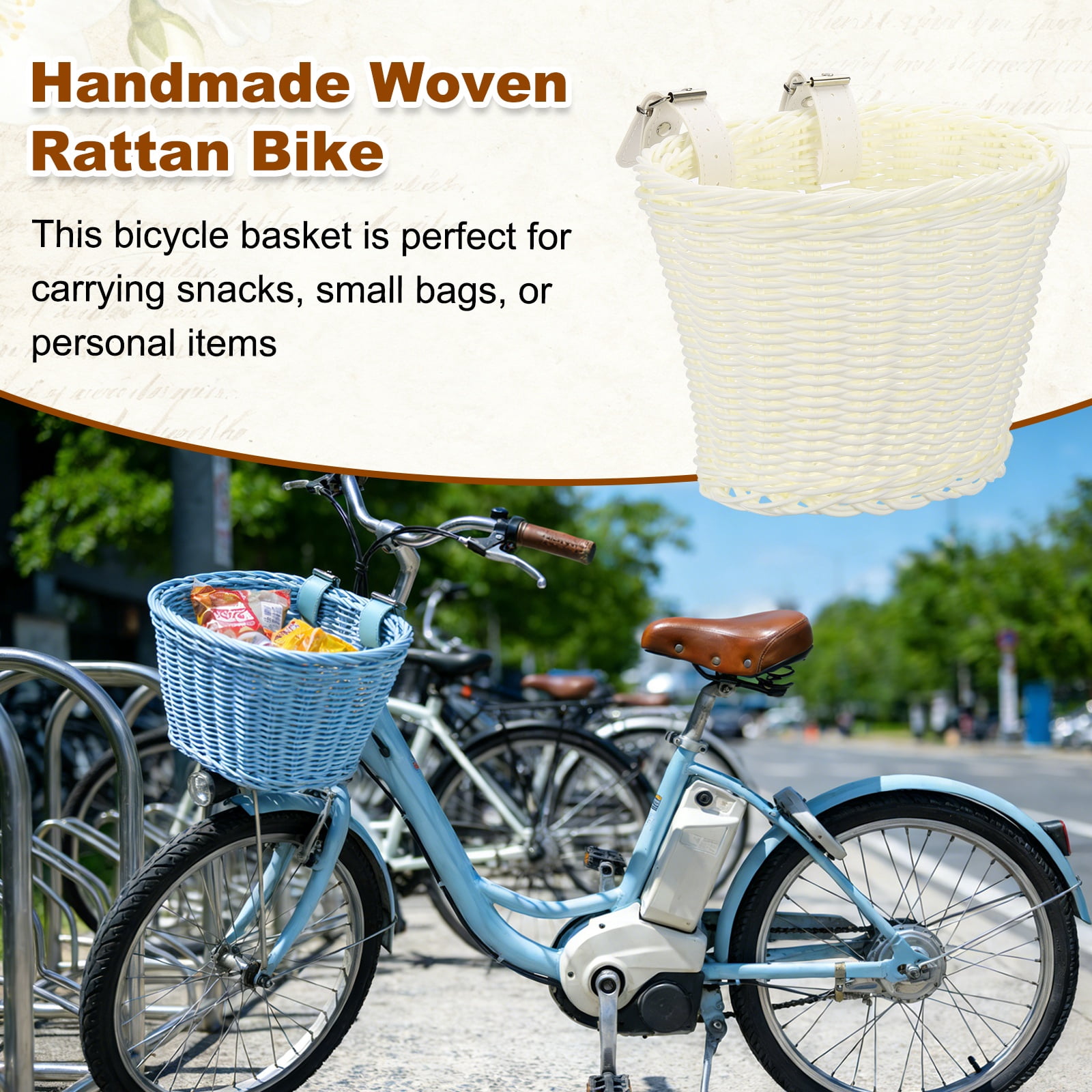 Uxcell Bike Basket Front, Hand-Woven Bicycle Basket with Adjustable PU Belts 1 Pack & White-Fitting For(Most Road Bikes, Bicycles/Scooters)