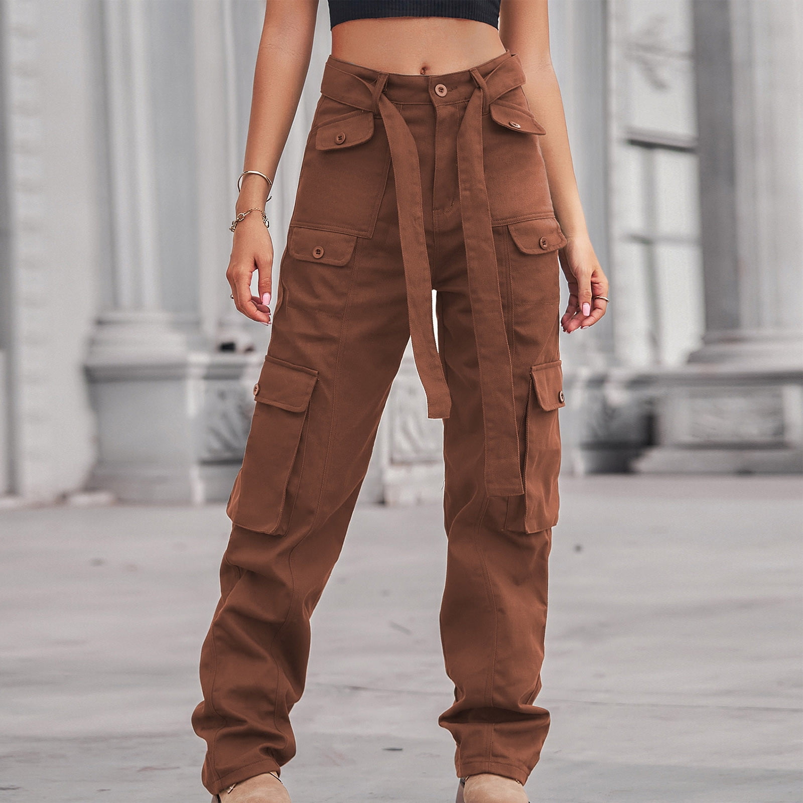 Cargo Pants Sweatpants for Women Straight Leg Solid Color Belted High  Waisted 8 Pockets Casual Outdoor Y2k Slacks (M, Brown-I)