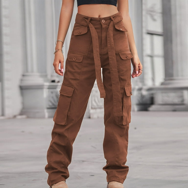 RQYYD Cargo Pants Women Casual Loose High Waisted Straight Leg Baggy Pants  Trousers Lightweight Outdoor Travel Pants with Pockets(Brown,XL)