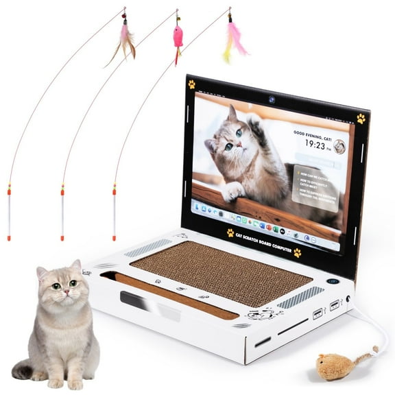 Cardboard Cat Scratcher Toy with Fluffy Mouse & Bell Ball, 3-in-1 Laptop-shape Scratch Toy with Cat Wand Toys, Cat Scratching Pad, Interactive Cat Toy Set