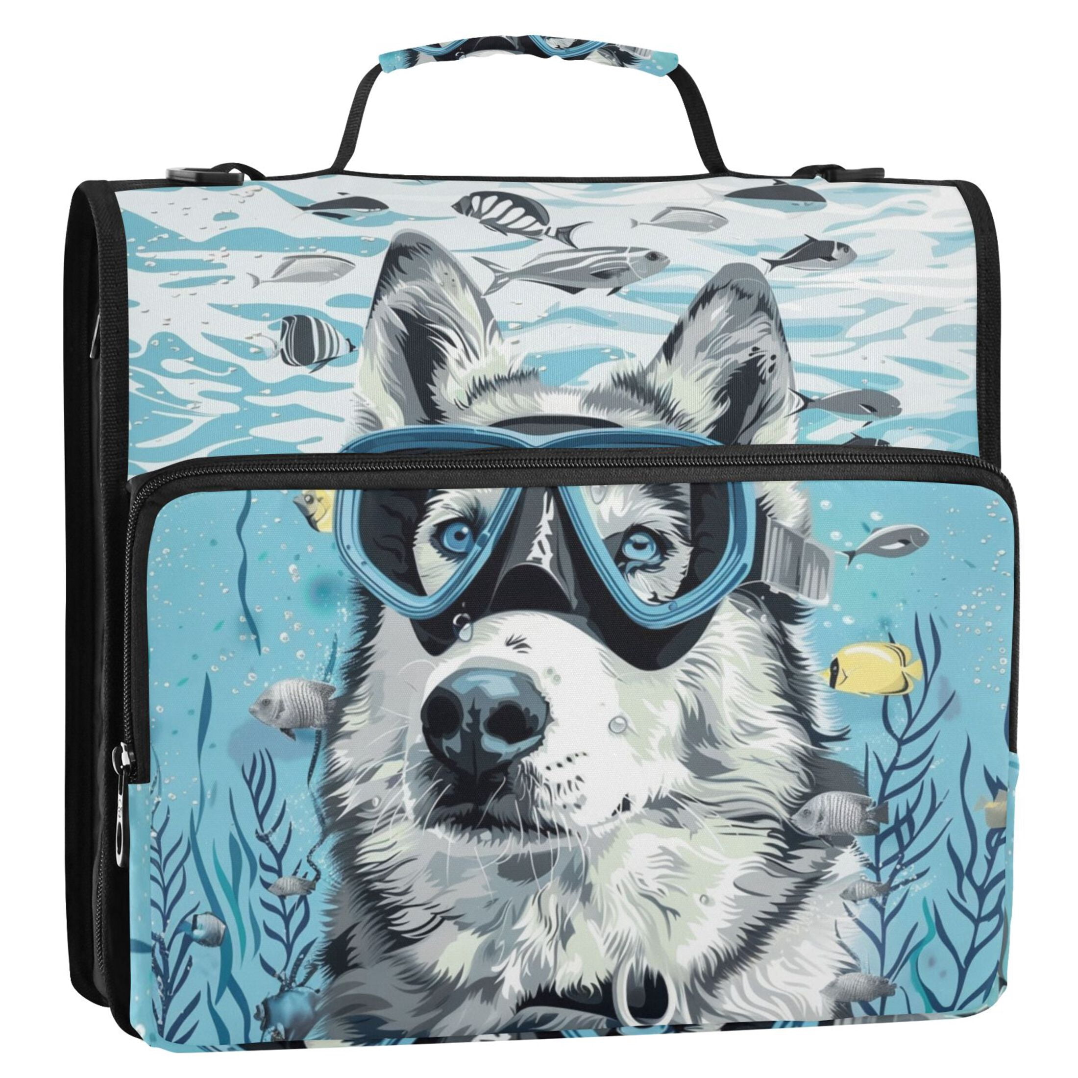 3 Ring Zipper Binder with Shoulder Strap Waterproof Trapper Keeper 2 Inch D-Ring 500 Sheets Capacity Dog Diver in Sea