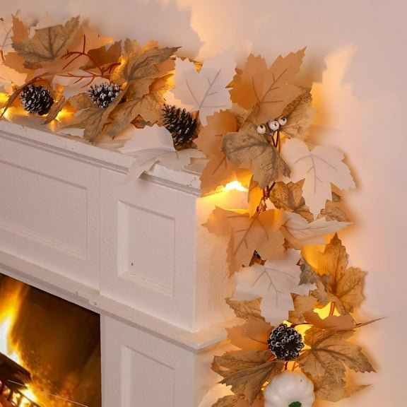 Guvpev Fall Garland with Lights - 6FT Autumn Hanging Garland for Table Centerpiece Artificial Fake Fall Maple Leaves Garland with Berries Pine Cones for Thanksgiving Fireplace Indoor Outdoor Decor