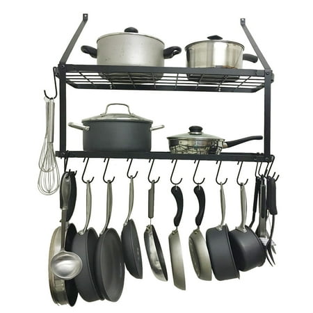 Pot Rack Wall Mounted Pan Shelf Hanging Racks 2 Tire Black Us