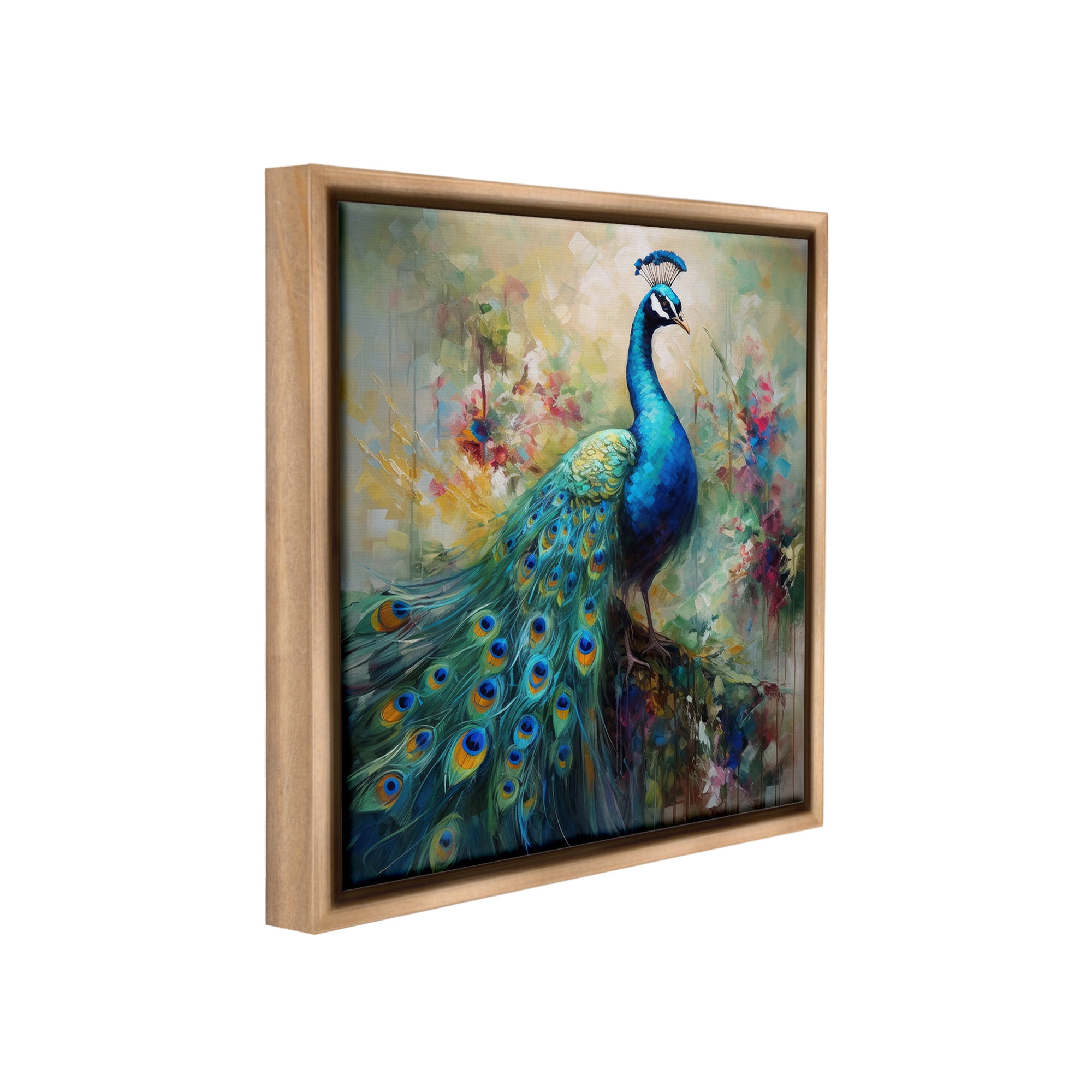 Stupell Industries Floral Peacock Pattern Animals & Insects Painting Brown Floater Framed Canvas Art Print Wall Art, 25 x 25