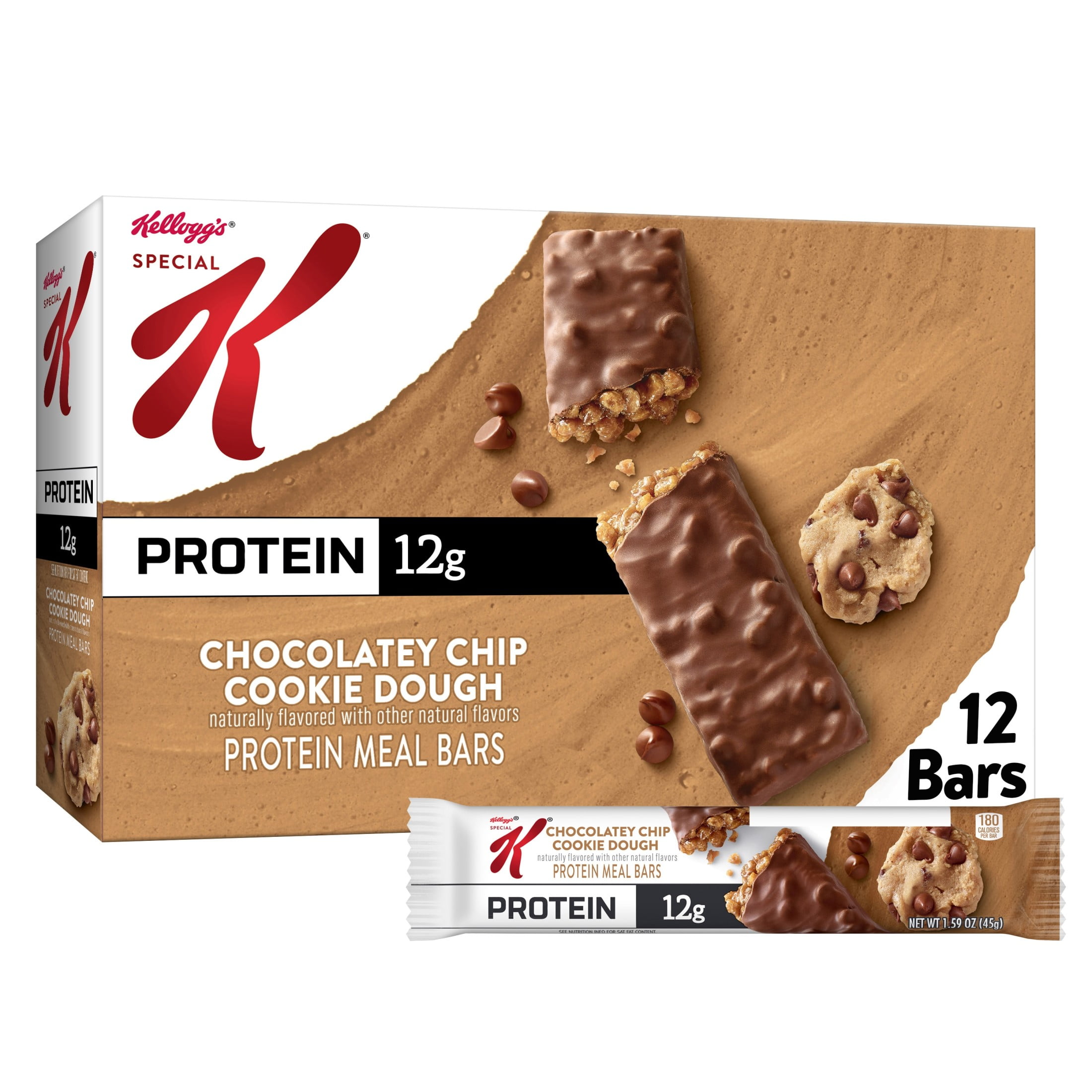 (2 pack) Special K Bar Chocolatey Chip Cookie Dough Chewy Protein Meal Bars, 12g Protein Snacks, 19 oz, 12 Count