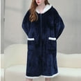 thumbnail image 4 of VANLOFE Unisex Warm Pajamas Household Clothes Solid Bathrobe Lengthened Night-robe Woman's Nightgown Hooded Robes Navy Robes Sleepwear for Woman, 4 of 8
