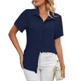 thumbnail image 1 of Camisa azul marino XXL transpirable con botones para mujer, color puro, manga corta, ideal para el trabajo y para uso informal, 1 of 7