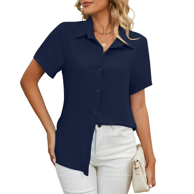 Camisa de manga corta para mujer en azul marino puro, transpirable y casual, con botones en el cuello
