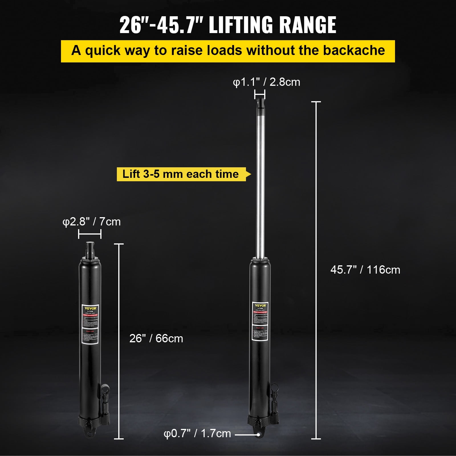 VEVOR Hydraulic Long Ram Jack, 3 Tons/6600 lbs Capacity, with Single Piston Pump and Clevis Base, Manual Cherry Picker with Handle, for Garage/Shop Cranes, Engine Lift Hoist, Black