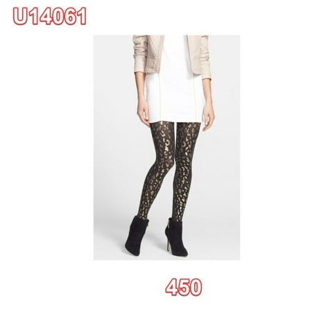 Hue U14061 Black/Gold Metallic Foil Leopard Tights, Size S/M - MSRP $18 (Size#:Black - S/M;)