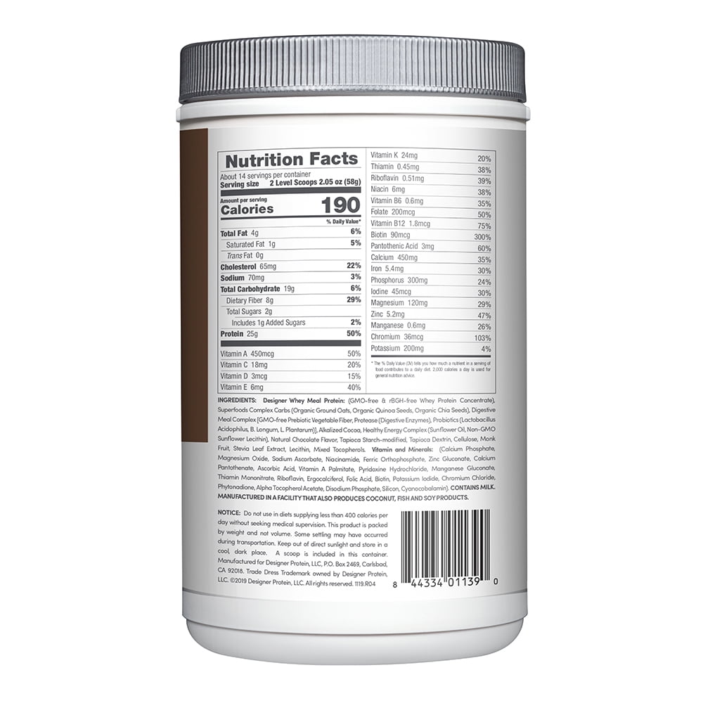 Designer Wellness, Designer Whey Protein Meal Replacement Powder with Vitamins, Minerals, and Organic Superfood Complex Carbs, Gluten-Free, Milk Chocolate, 1.72 Pound