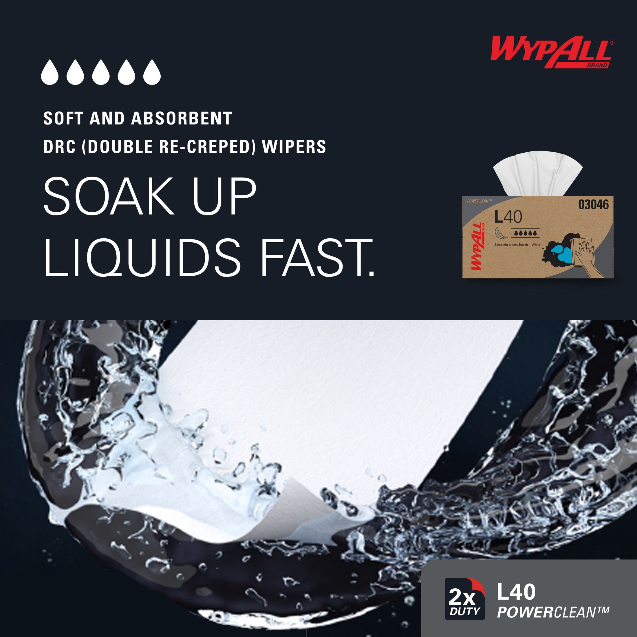 WypAll PowerClean L40 Cloths Extra Absorbent Wipes (03046), Pop-Up Box, Bulk Paper Wipers, White (9 Packs of 90 Sheets, 810 Sheet Total)