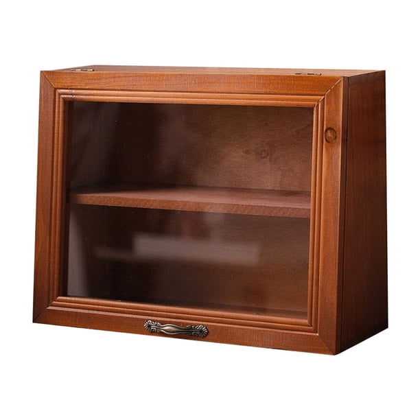 Caja de almacenamiento de madera de 30 x 23 x 11,5 cm con puerta de cristal, organizador de escritorio de 2 niveles para suministros de oficina, maquillaje, especias, café, una sola pieza Rkxzt