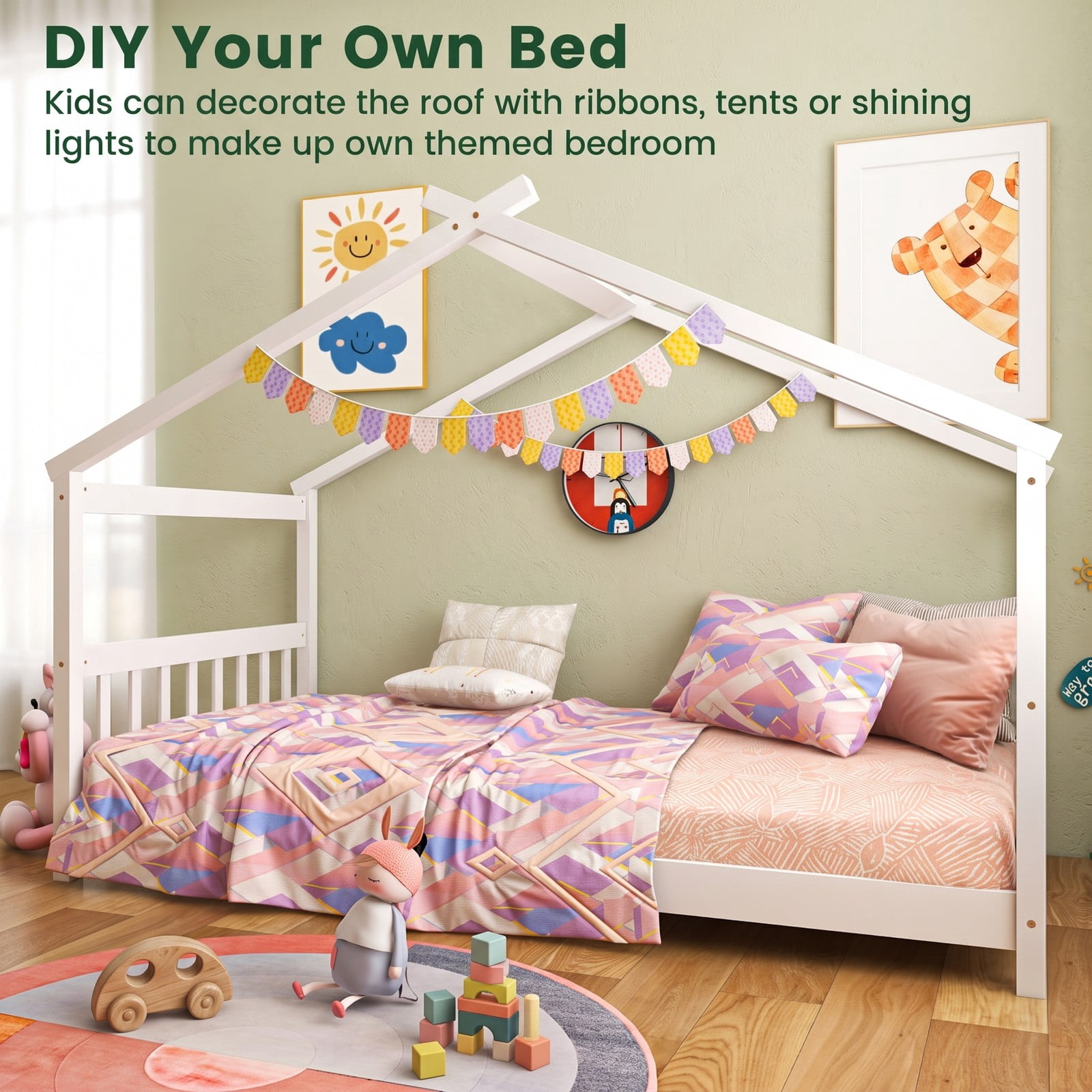 Furnibear Twin Size Wooden House Bed Frame with Roof and Half Rails for a Kids Boys and Girls Toddler Montessori Bedroom, White