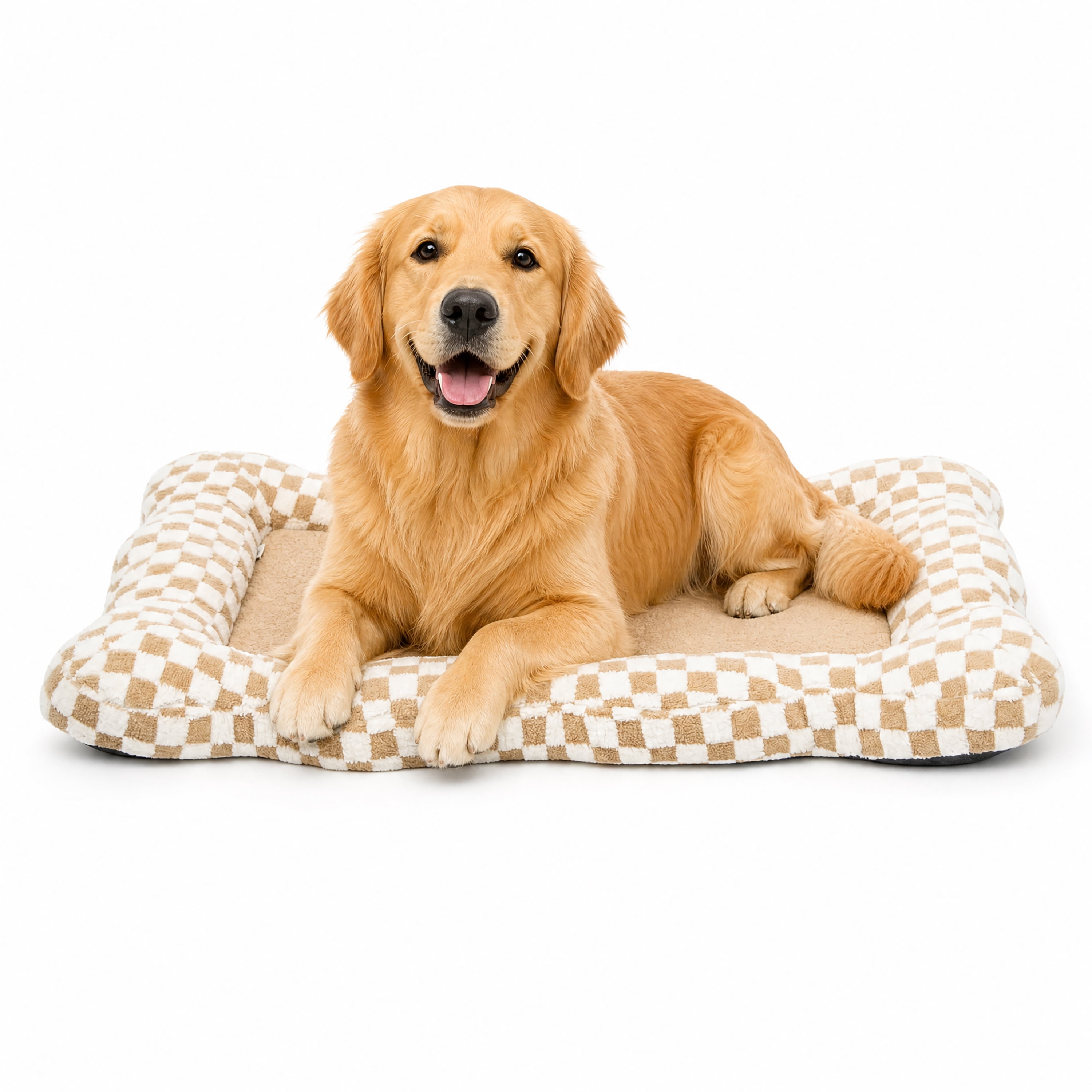 Oodles Checkered Sherpa Cloud Pet Bed, Tan, XL 42" L x 27" W