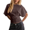 thumbnail image 2 of Shirts for Womens Crewneck Cinched Waist Batwing Wide Short Sleeve Workout Tops Solid Color Slim Fitted Basic Tees Y2K Summer Clothes by Yigetop Brown 2XL, 2 of 5