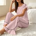 thumbnail image 4 of Tqcoqu Women's 2 Piece Pajama Set, Round Neck Ruffle Short Sleeve Contrast Piping & Drawstring Ruffle Hem Wide Leg Pants, Loungewear Sleepwear for Women, 4 of 6