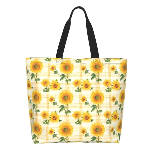 Disketp Yellow White Plaid Sunflower Bolsa Tote Estampada para Mujer, Bolso de Hombro y de Mano para Compras y Viajes