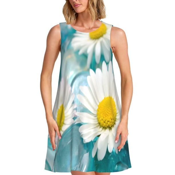 Fotbe Daisy Flowers Vestido de Verano sin Mangas para Mujer – Vestido Midi Línea A, Estilo Camiseta Floral, Vestido Playero Casual y Fluido