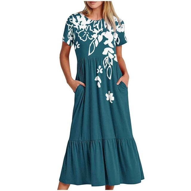 Pisexur Robes d'Été pour Femmes à Col Rond, Robe Fluide Plissée Tendance à Manches Courtes, Mode avec Poche, Robe d'Été de Plage Évasée à Imprimé Floral